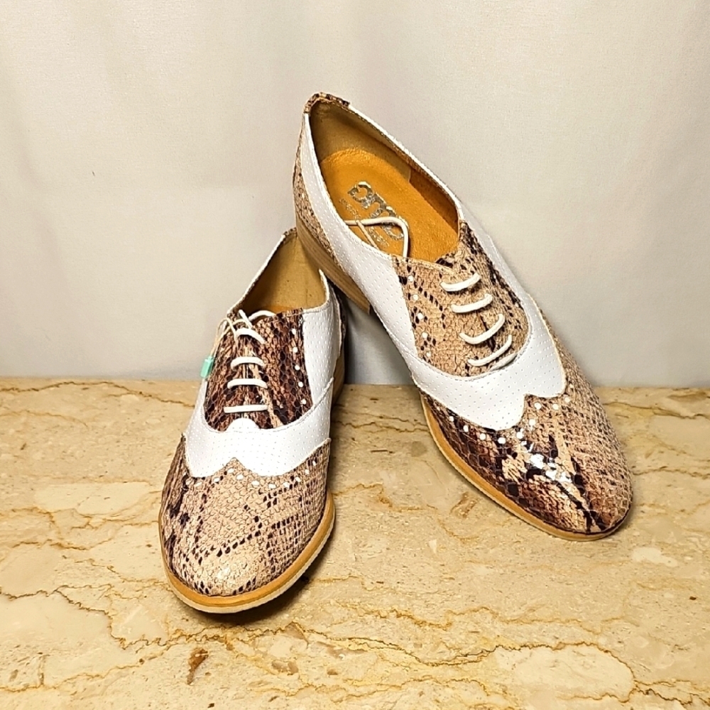 NWT GMD Womens Lace-up Leather & Snakeskin Brown White Shoes EU 39 | US 8